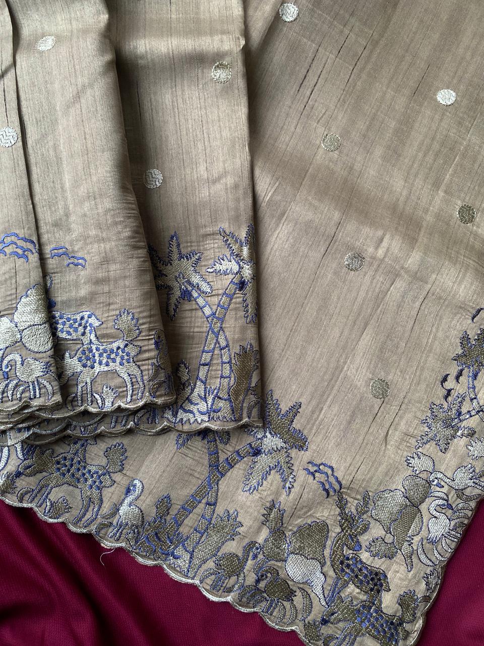 Admirable Beige Embroidery Work Tussar Silk Saree With Pretty Blouse Piece - Image 2