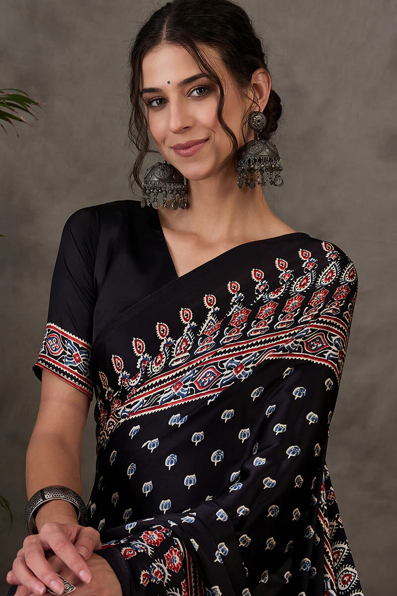 Admirable Black Ajrakh Printed Semi Modal Silk Saree With Lagniappe Blouse Piece - Image 2
