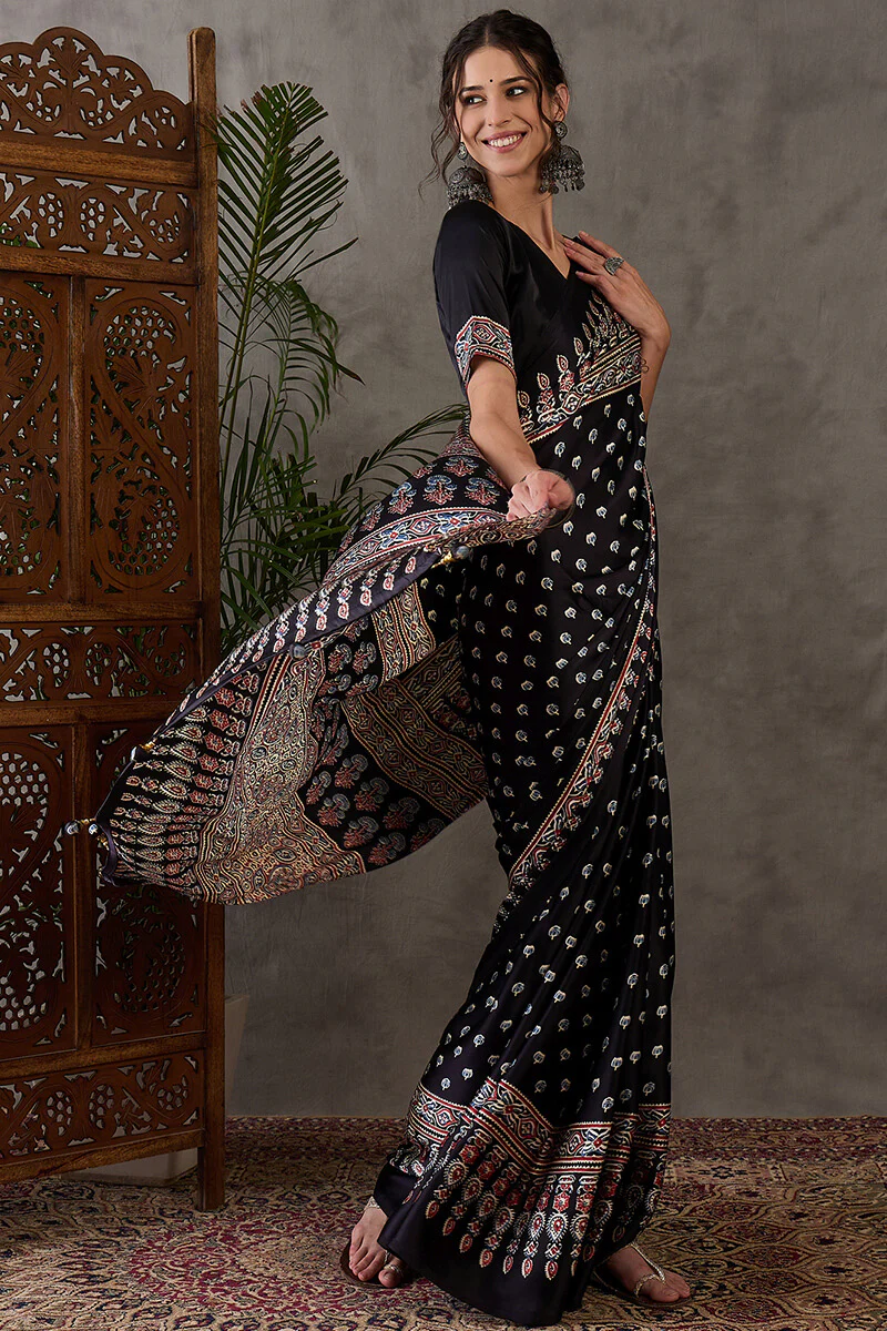 Admirable Black Ajrakh Printed Semi Modal Silk Saree With Lagniappe Blouse Piece - Image 3