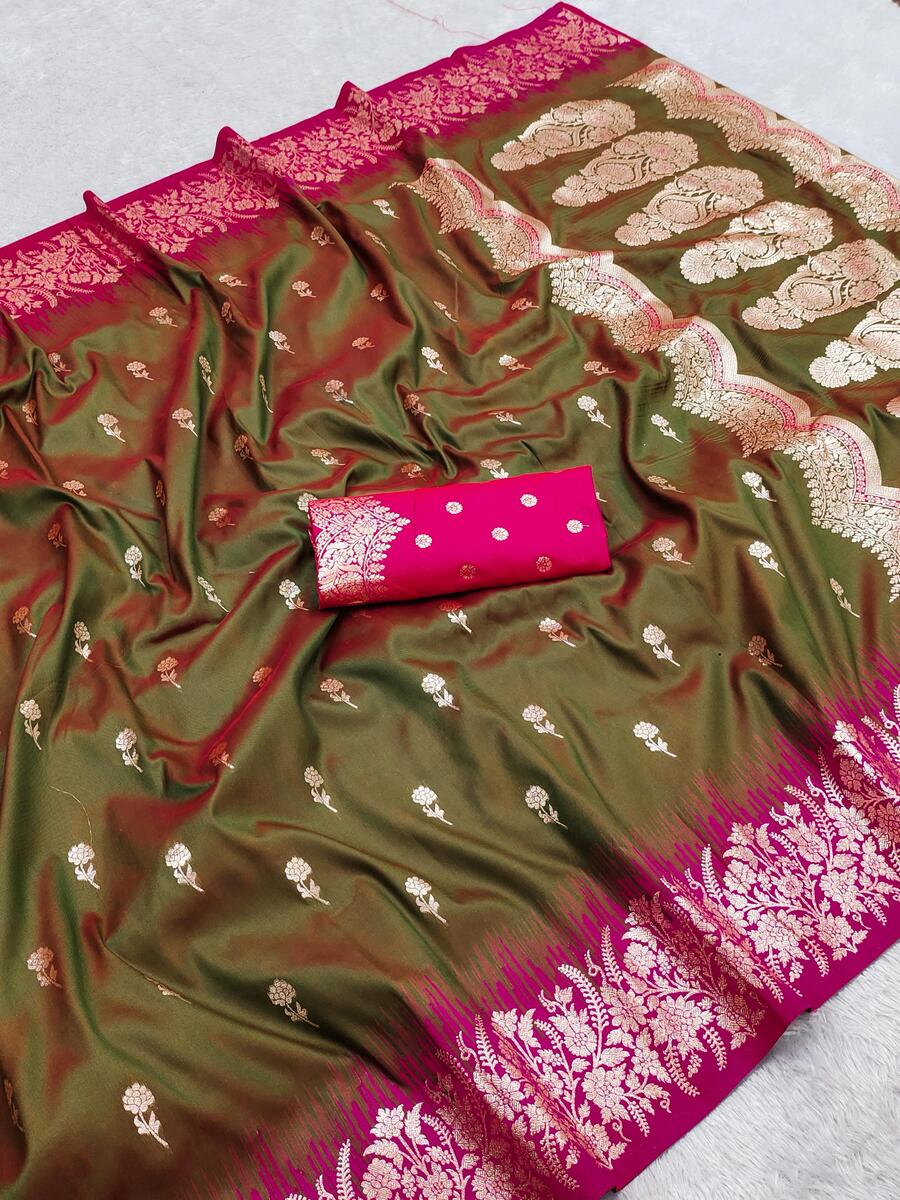 Admirable Mehndi Pure Zari Weaving Banarasi Silk Saree With Pretty Blouse Piece - Image 2