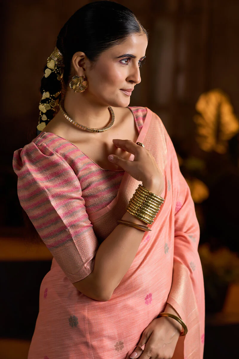 Admirable Peach Cotton Silk Saree With Beguiling Blouse Piece - Image 2
