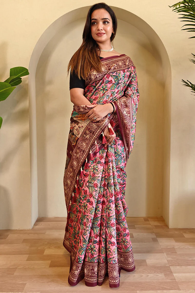 Admirable Pink Kalamkari Printed Saree With Stunner Blouse Piece - Image 2