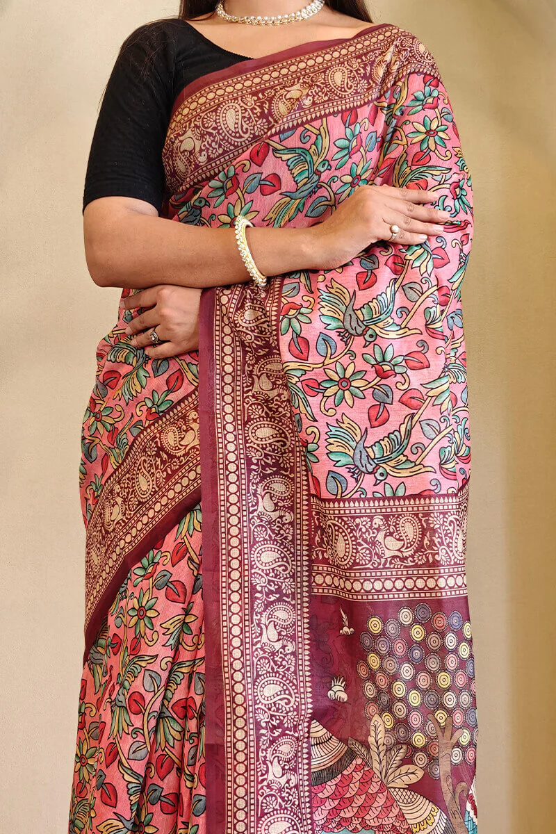 Admirable Pink Kalamkari Printed Saree With Stunner Blouse Piece - Image 3