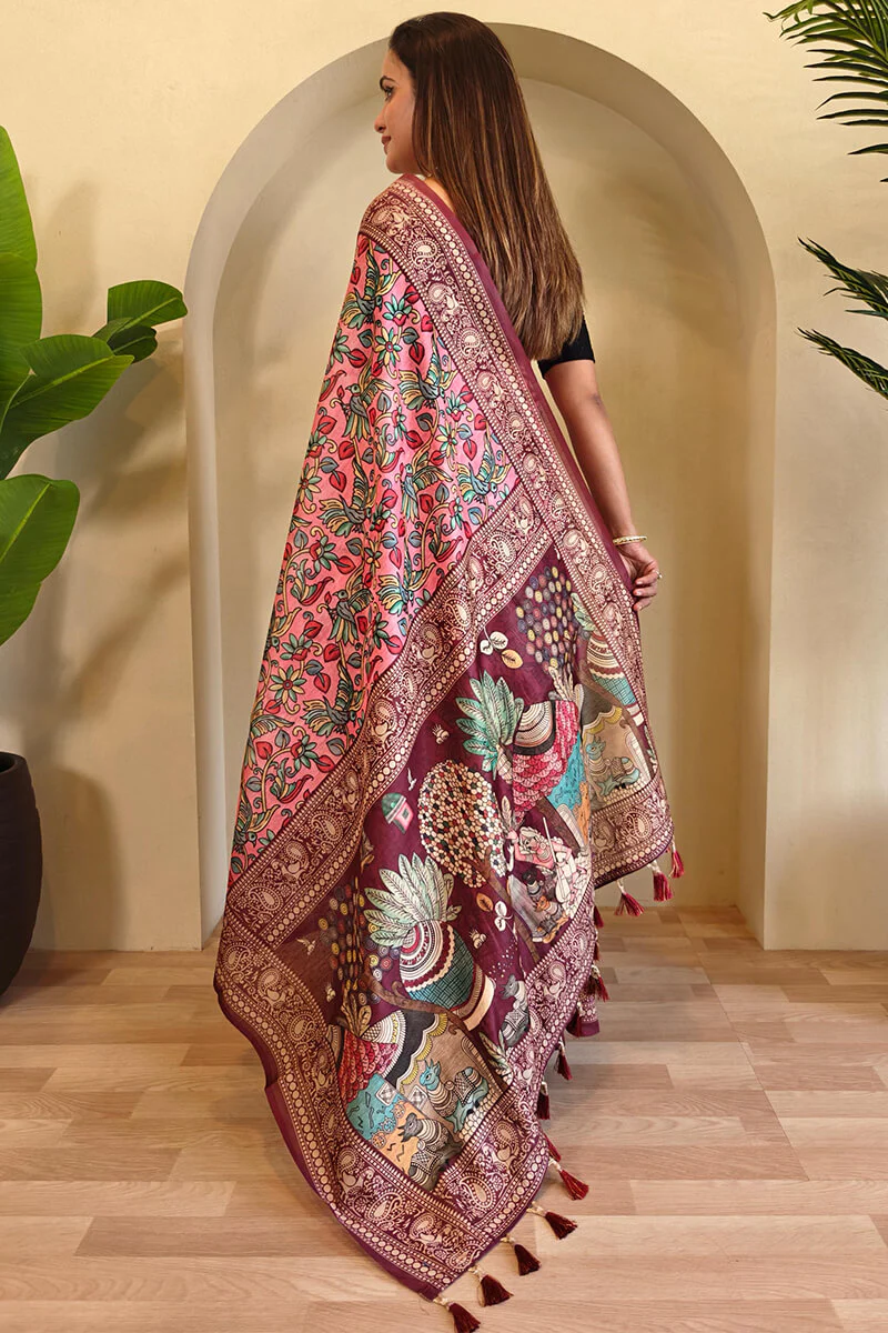 Admirable Pink Kalamkari Printed Saree With Stunner Blouse Piece - Image 4