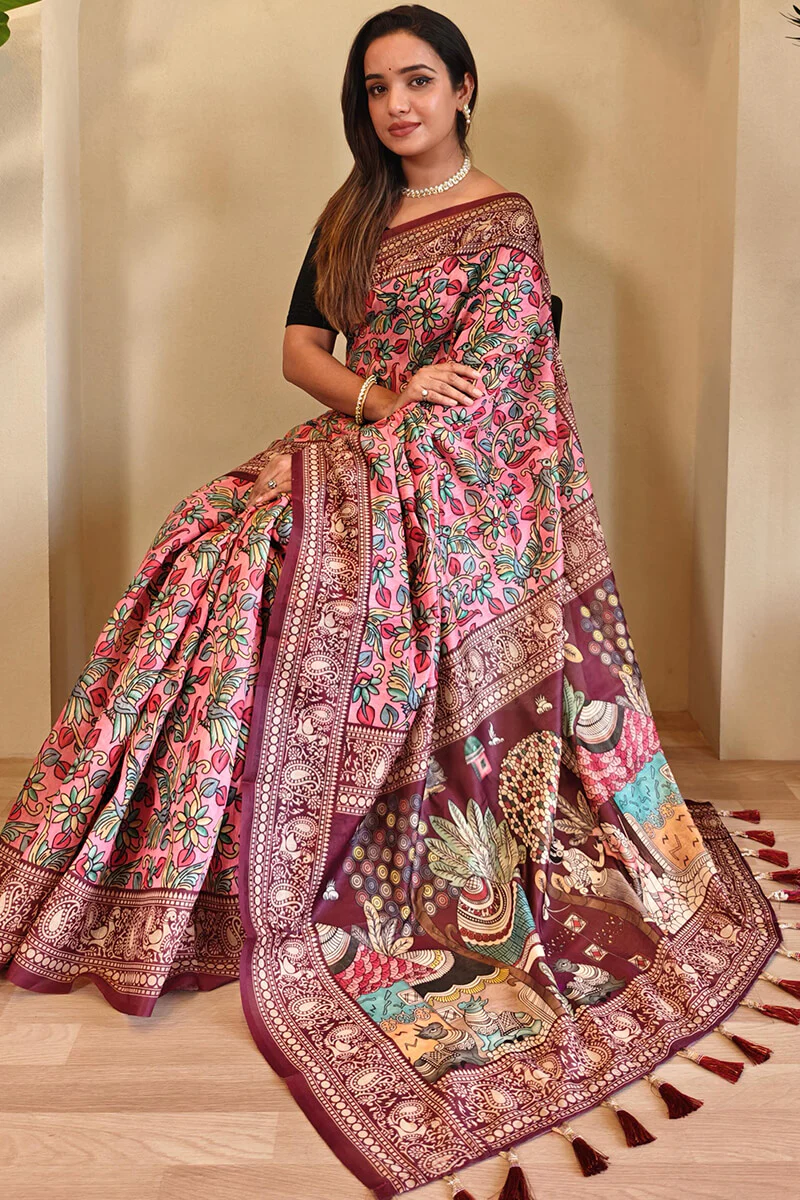 Admirable Pink Kalamkari Printed Saree With Stunner Blouse Piece - Image 5