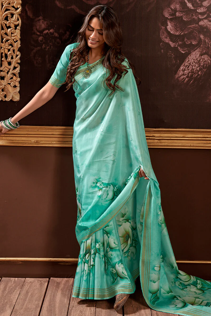 Admirable Turquoise Digital Printed Soft Silk Saree With Adoring Blouse Piece - Image 4