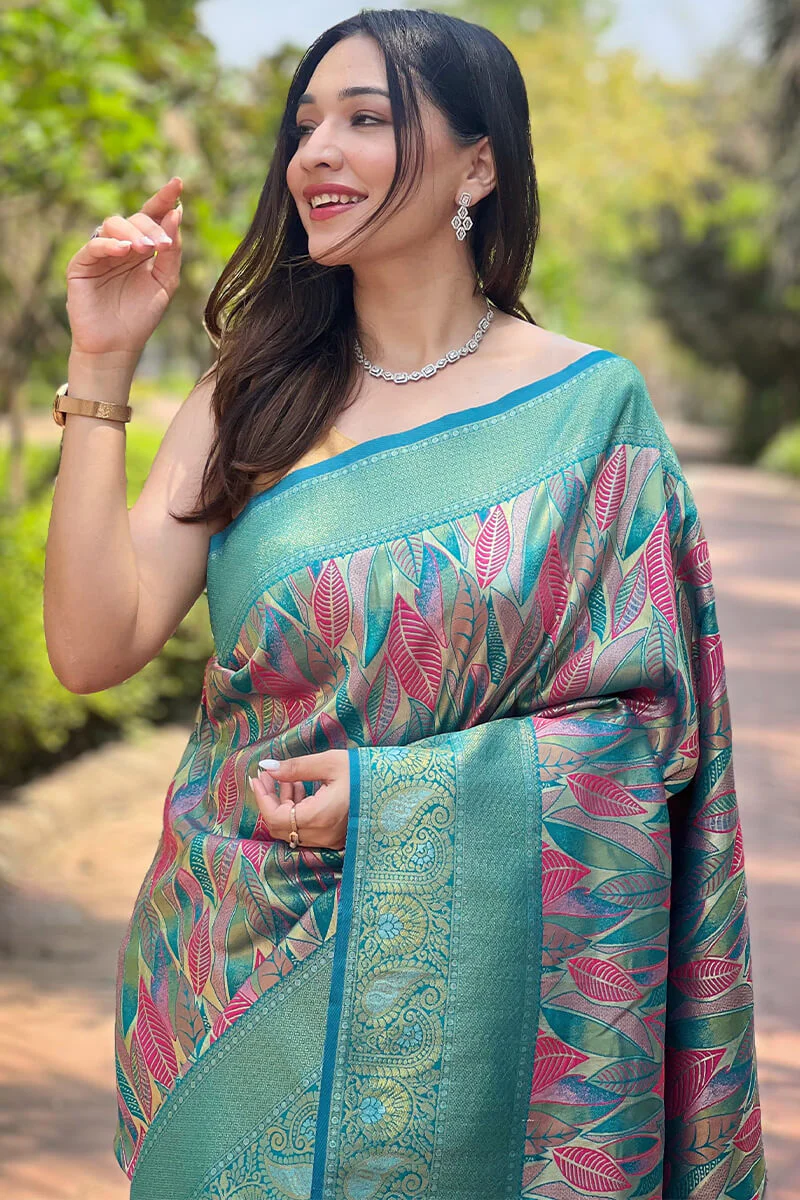 Admirable Turquoise Kanjivaram Silk Saree With Dissemble Blouse Piece - Image 2