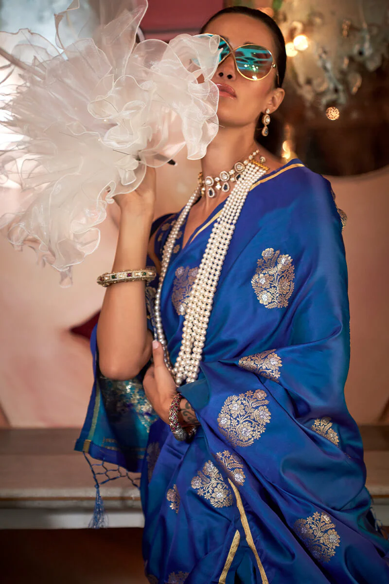 Adorable Blue Banarasi Satin Silk Saree With Exceptional Blouse - Image 2