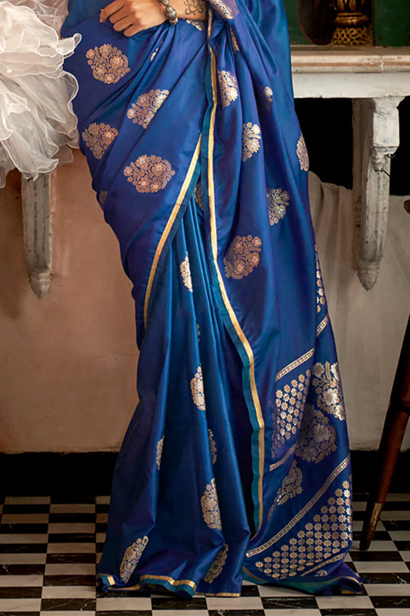 Adorable Blue Banarasi Satin Silk Saree With Exceptional Blouse - Image 3
