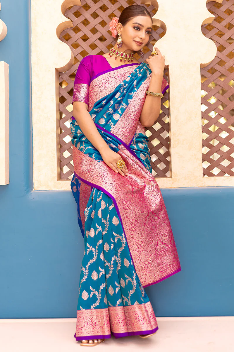 Adorable Blue Soft Banarasi Silk Saree With Girlish Blouse Piece - Image 3