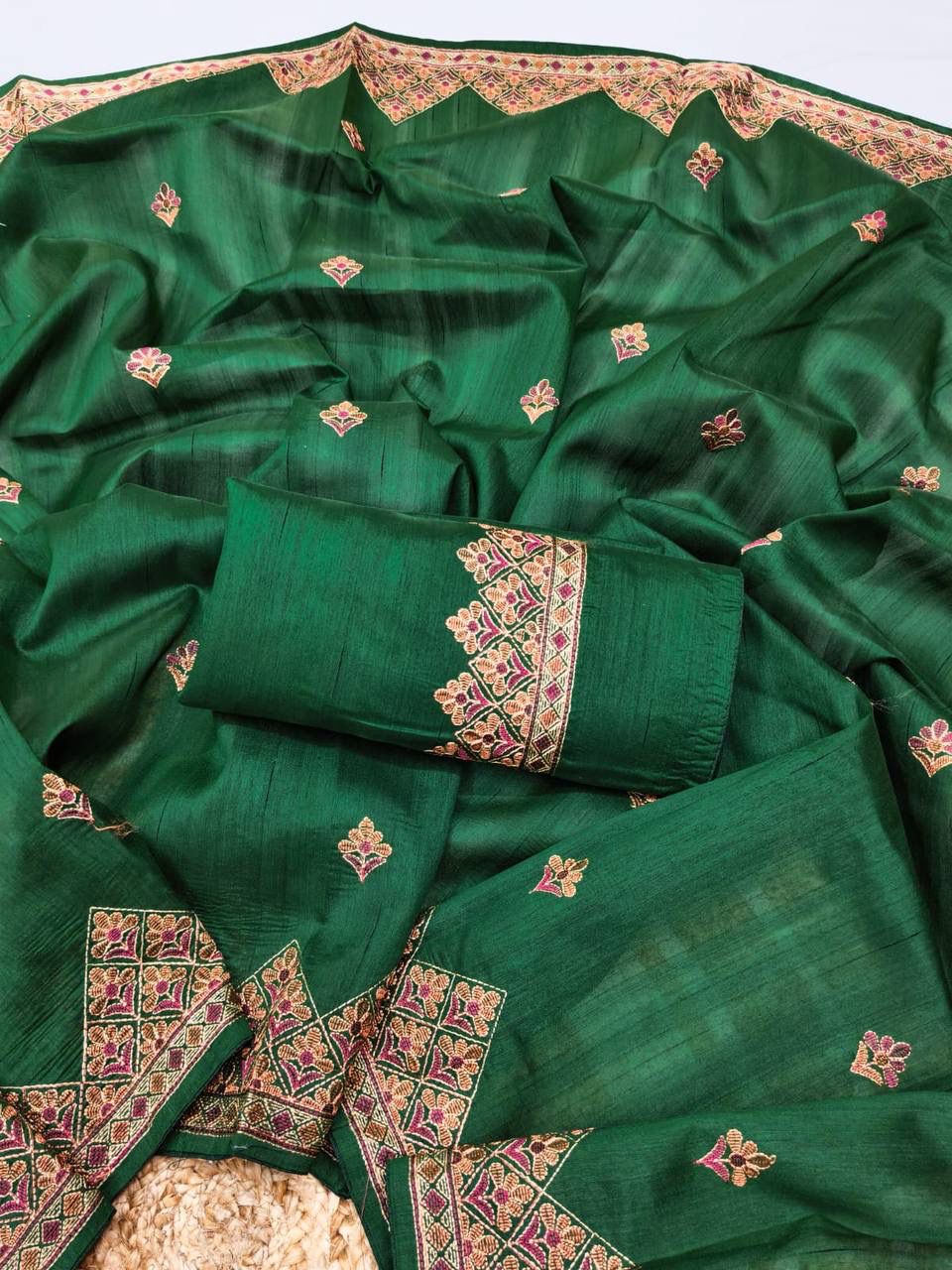 Adorable Dark Green Embroidery Work Tussar Silk Saree With Glittering Blouse Piece - Image 2