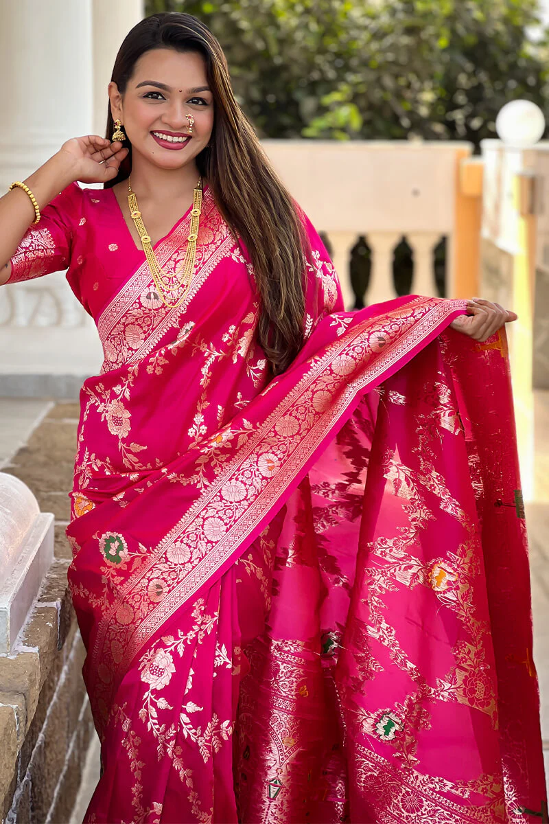 Adorable Dark Pink Soft Banarasi Silk Saree With Blissful Blouse Piece - Image 2