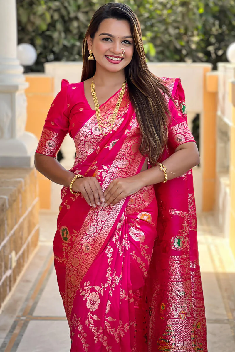 Adorable Dark Pink Soft Banarasi Silk Saree With Blissful Blouse Piece - Image 3