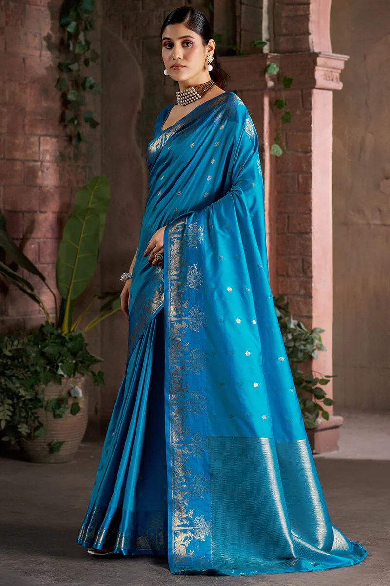 Adorable Firozi Pure Zari Weaving Banarasi Silk Saree With Dalliance Blouse Piece - Image 3