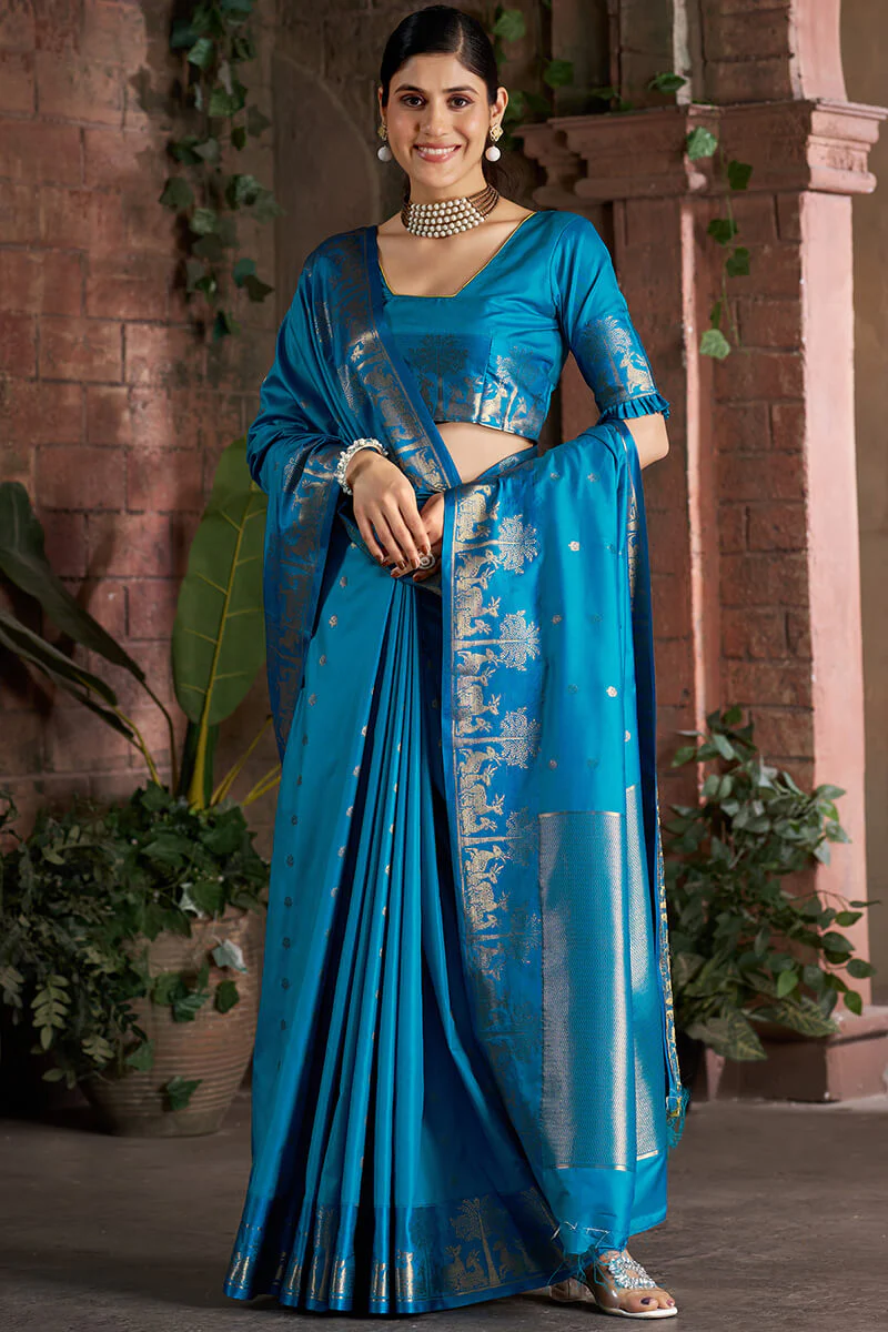 Adorable Firozi Pure Zari Weaving Banarasi Silk Saree With Dalliance Blouse Piece - Image 4