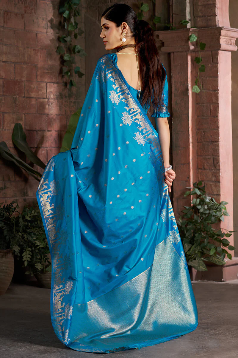 Adorable Firozi Pure Zari Weaving Banarasi Silk Saree With Dalliance Blouse Piece - Image 5