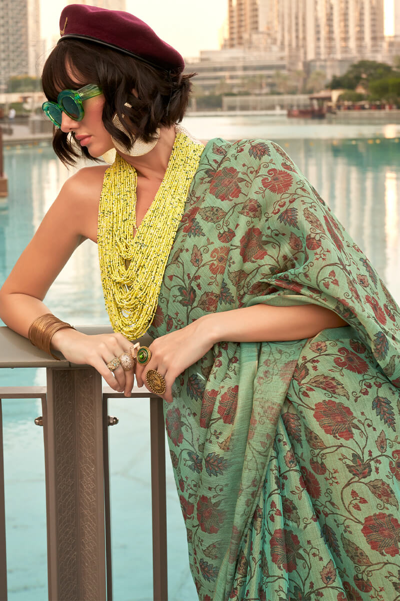 Adorable Green Digital Printed Tissue Silk Saree With Groovy Blouse Piece - Image 2