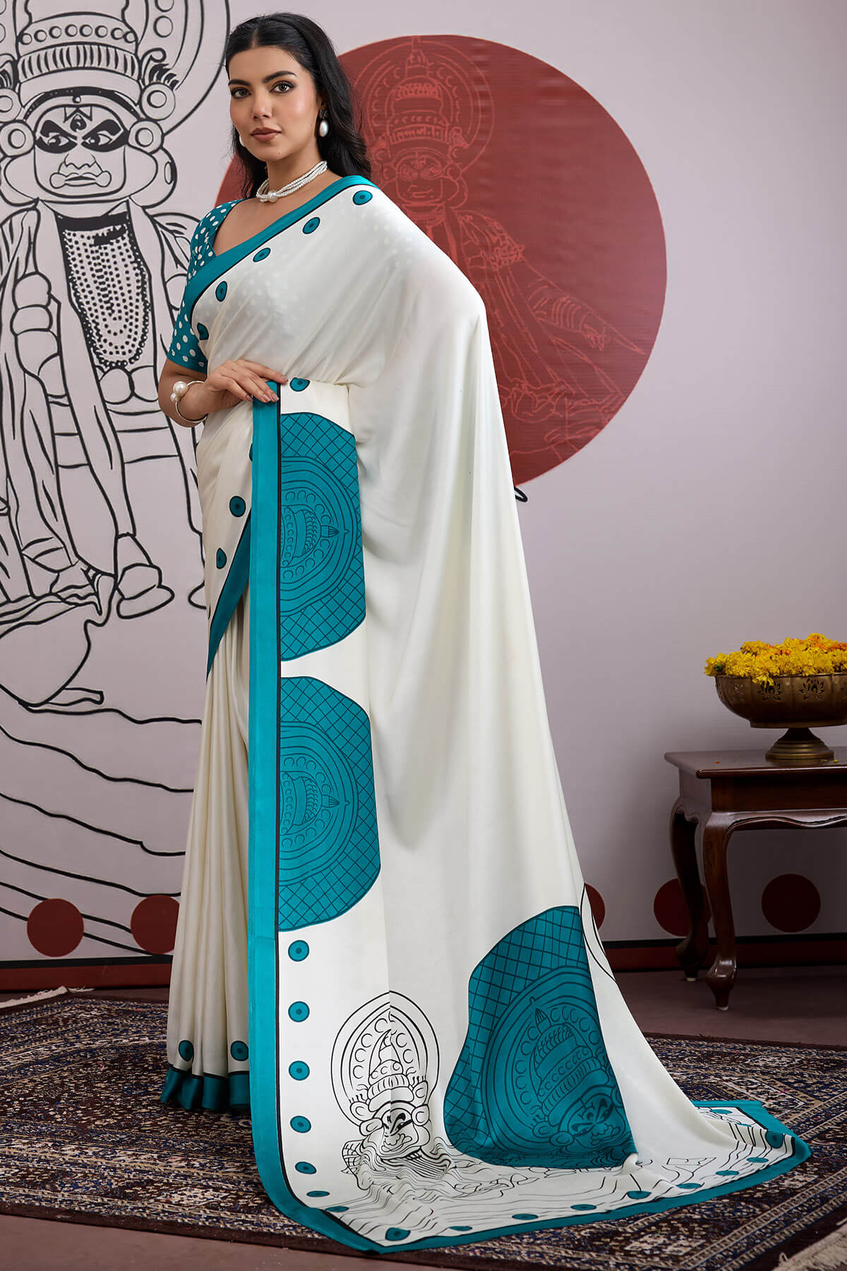 Adorable Off White and Firozi Ajrakh Printed Satin Silk Saree With Flameboyant Blouse Piece - Image 3