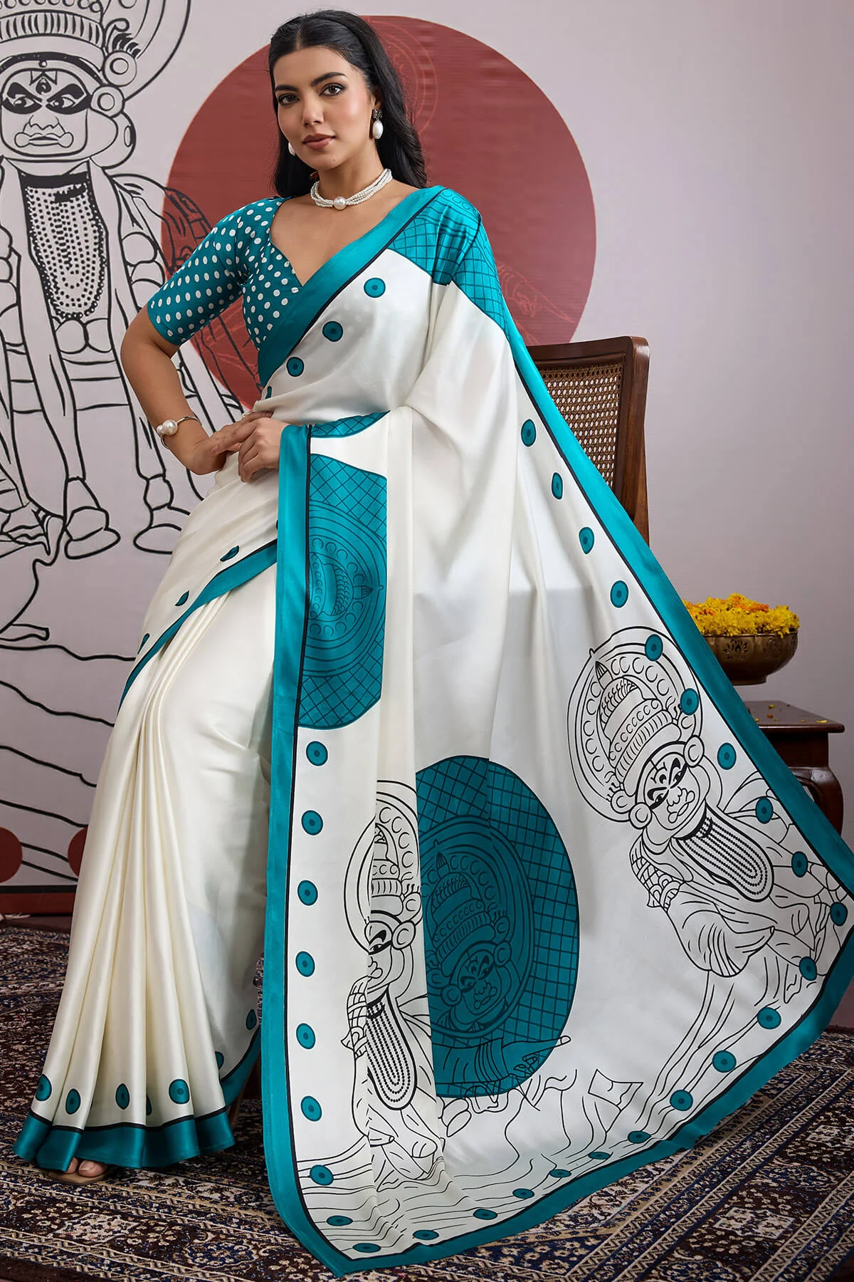 Adorable Off White and Firozi Ajrakh Printed Satin Silk Saree With Flameboyant Blouse Piece - Image 5
