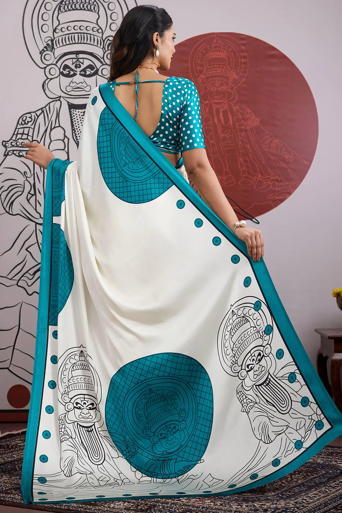 Adorable Off White and Firozi Ajrakh Printed Satin Silk Saree With Flameboyant Blouse Piece - Image 6