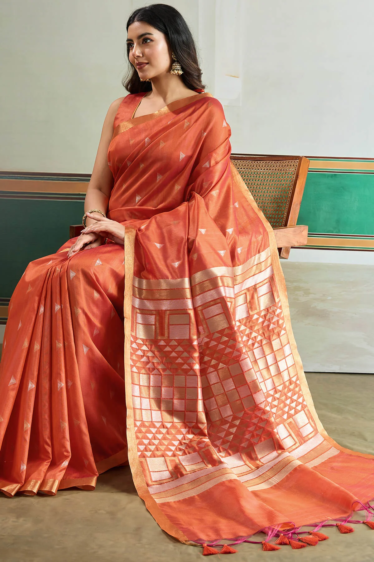 Adorable Peach Pure Zari Weaving Banarasi Tussar Silk Saree With Incomparable Blouse Piece - Image 5