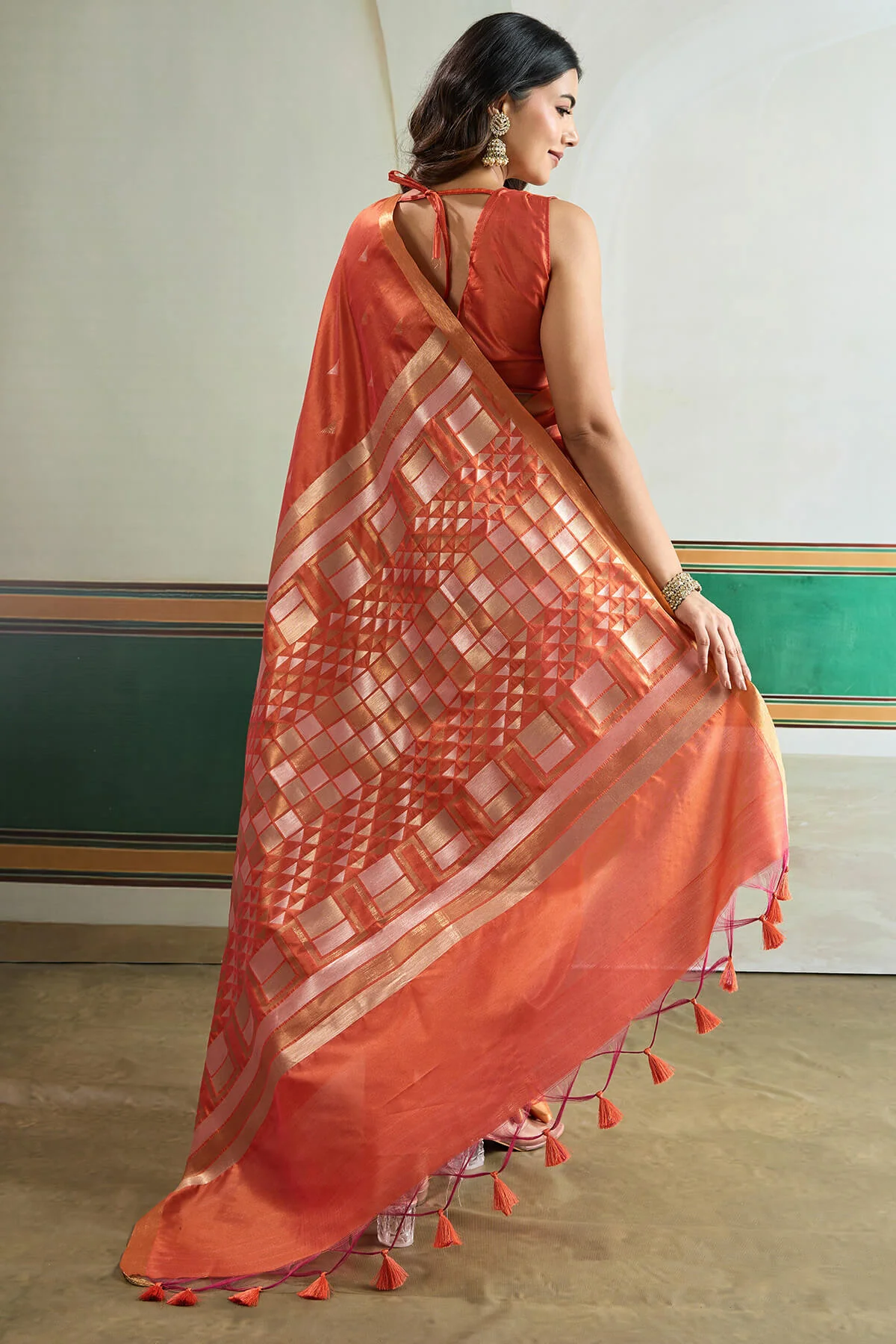 Adorable Peach Pure Zari Weaving Banarasi Tussar Silk Saree With Incomparable Blouse Piece - Image 6