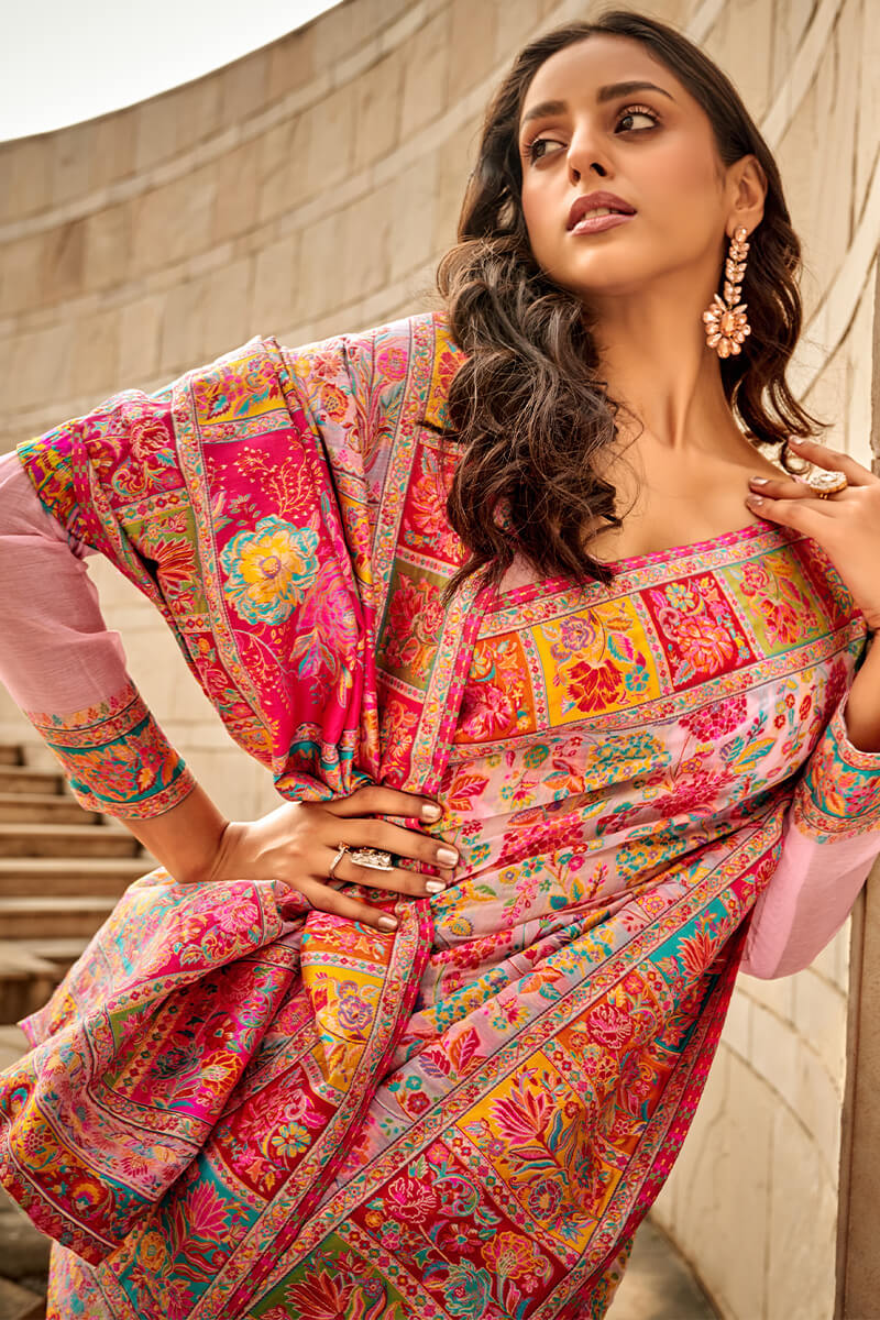 Adorable Pink Pashmina Saree With Exceptional Blouse Piece - Image 3