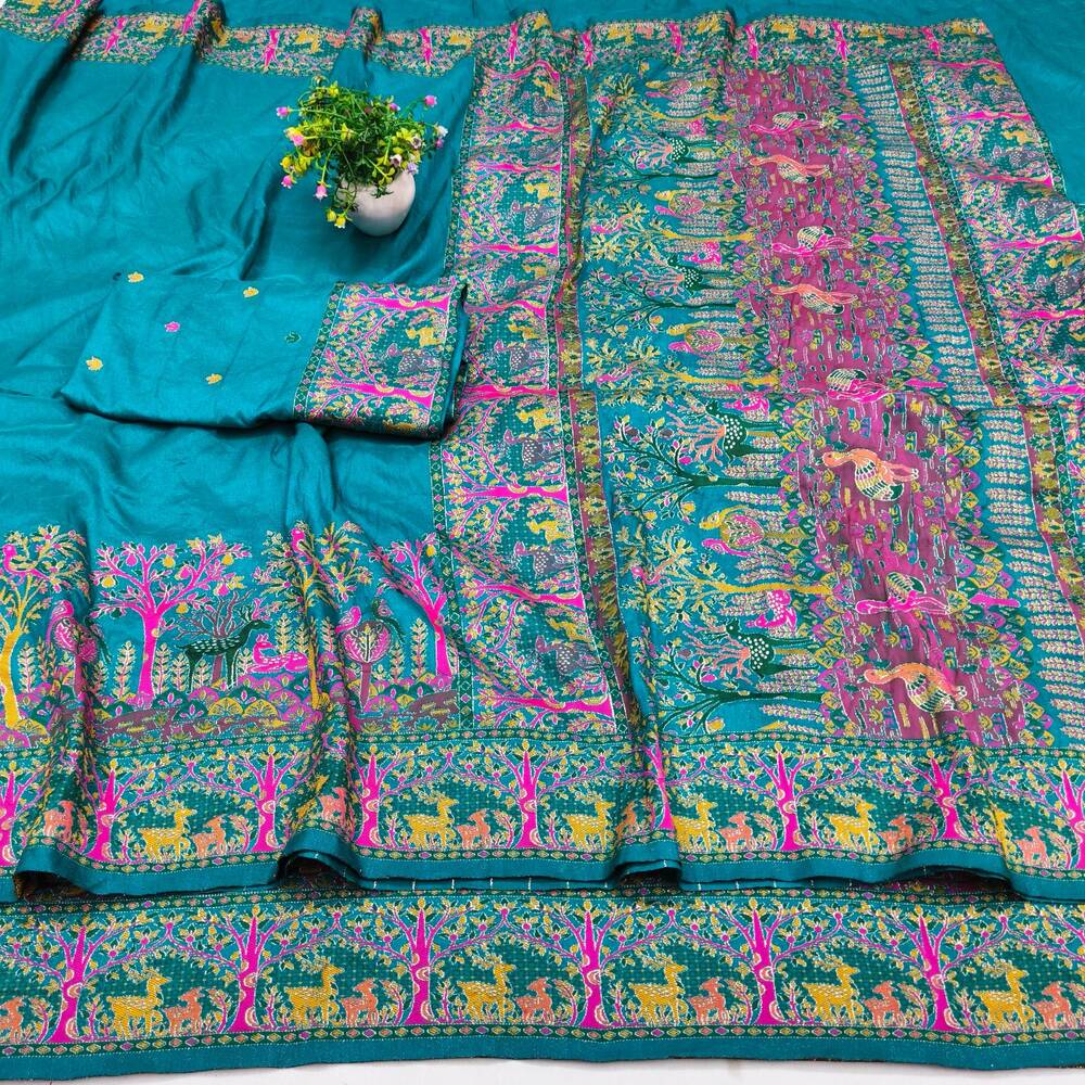 Adorable Rama Nylon Dola Pashmina Saree With Ineffable Blouse Piece - Image 4