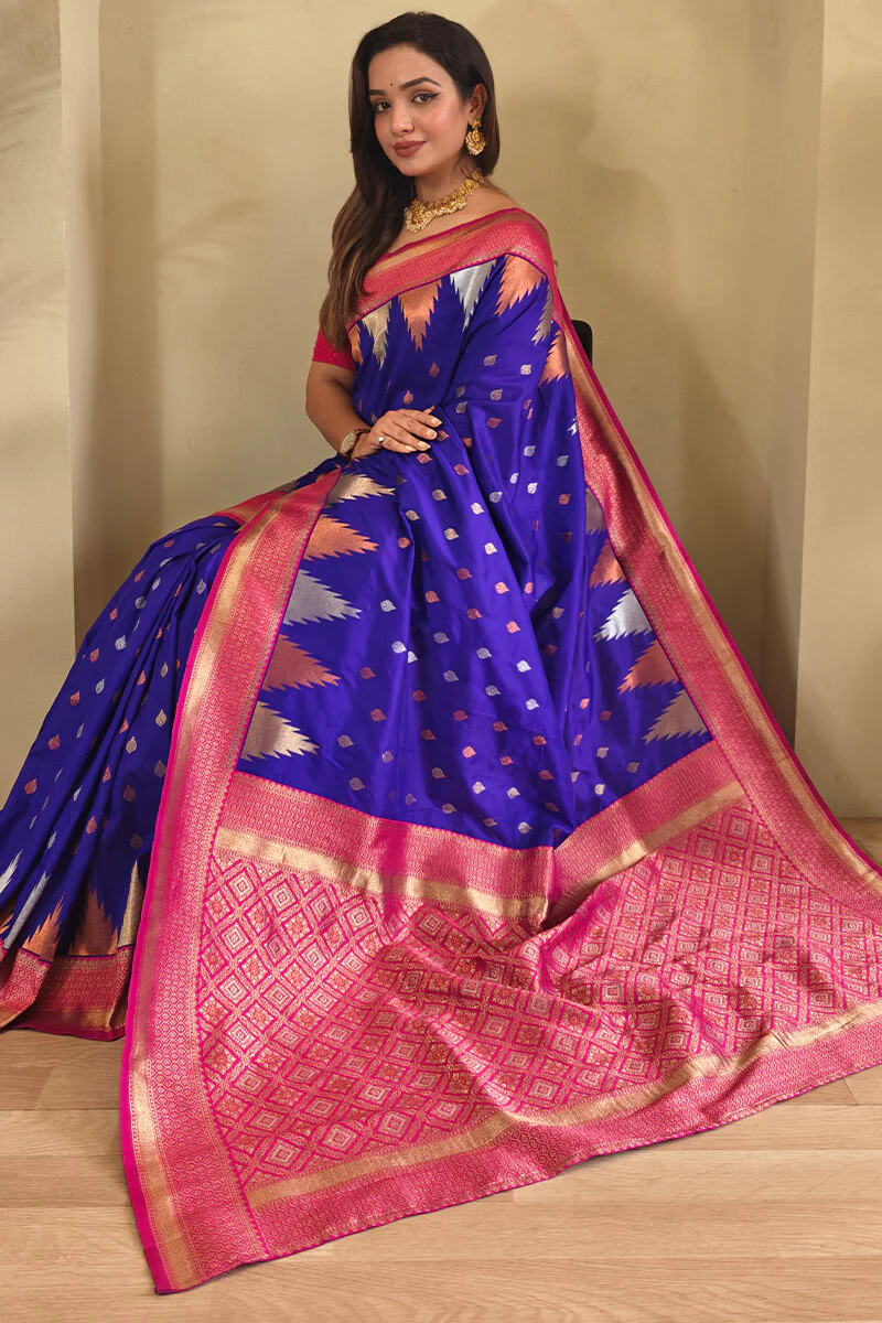 Adorable Royal Blue Soft Banarasi Silk Saree With Beleaguer Blouse Piece - Image 2