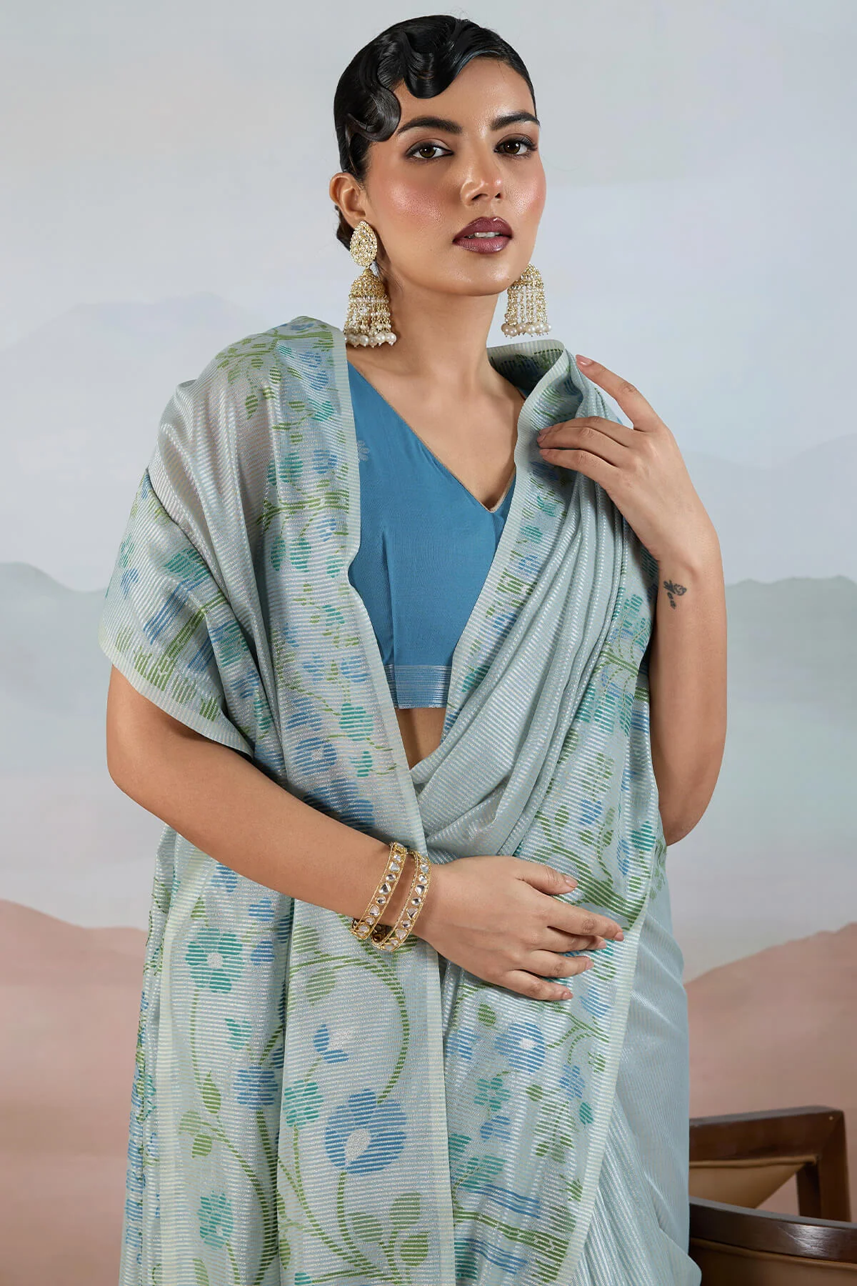 Adorable Sky Soft Banarasi Tissue Silk Saree With Amiable Blouse Piece - Image 2
