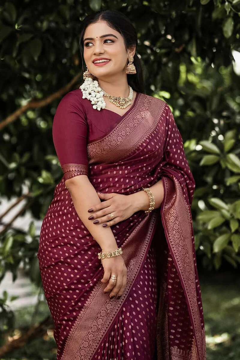 Adorable Wine Soft Silk Saree With Gratifying Blouse Piece - Image 6