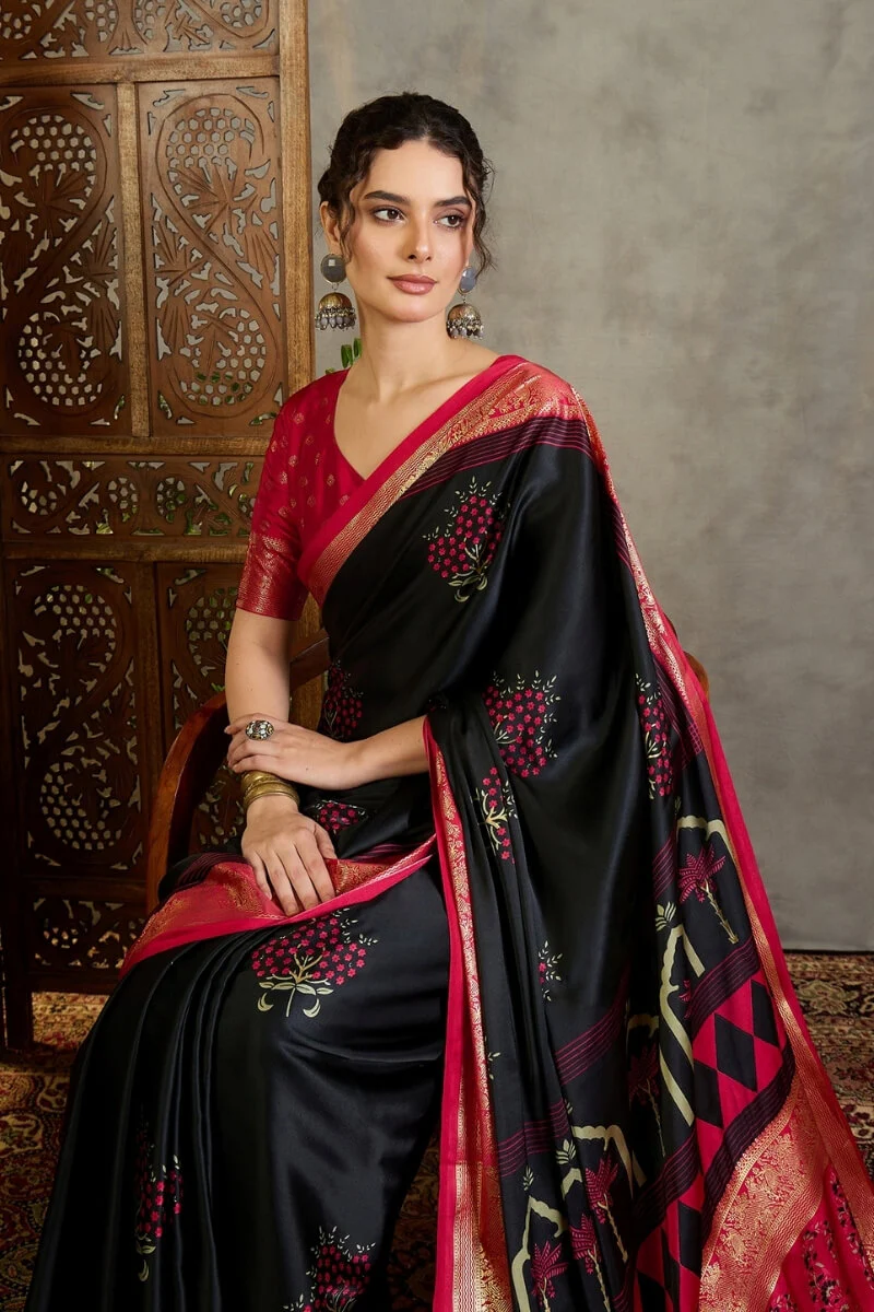 Adoring Black Ajrakh Printed Semi Modal Silk Saree With Nectarous Blouse Piece - Image 2