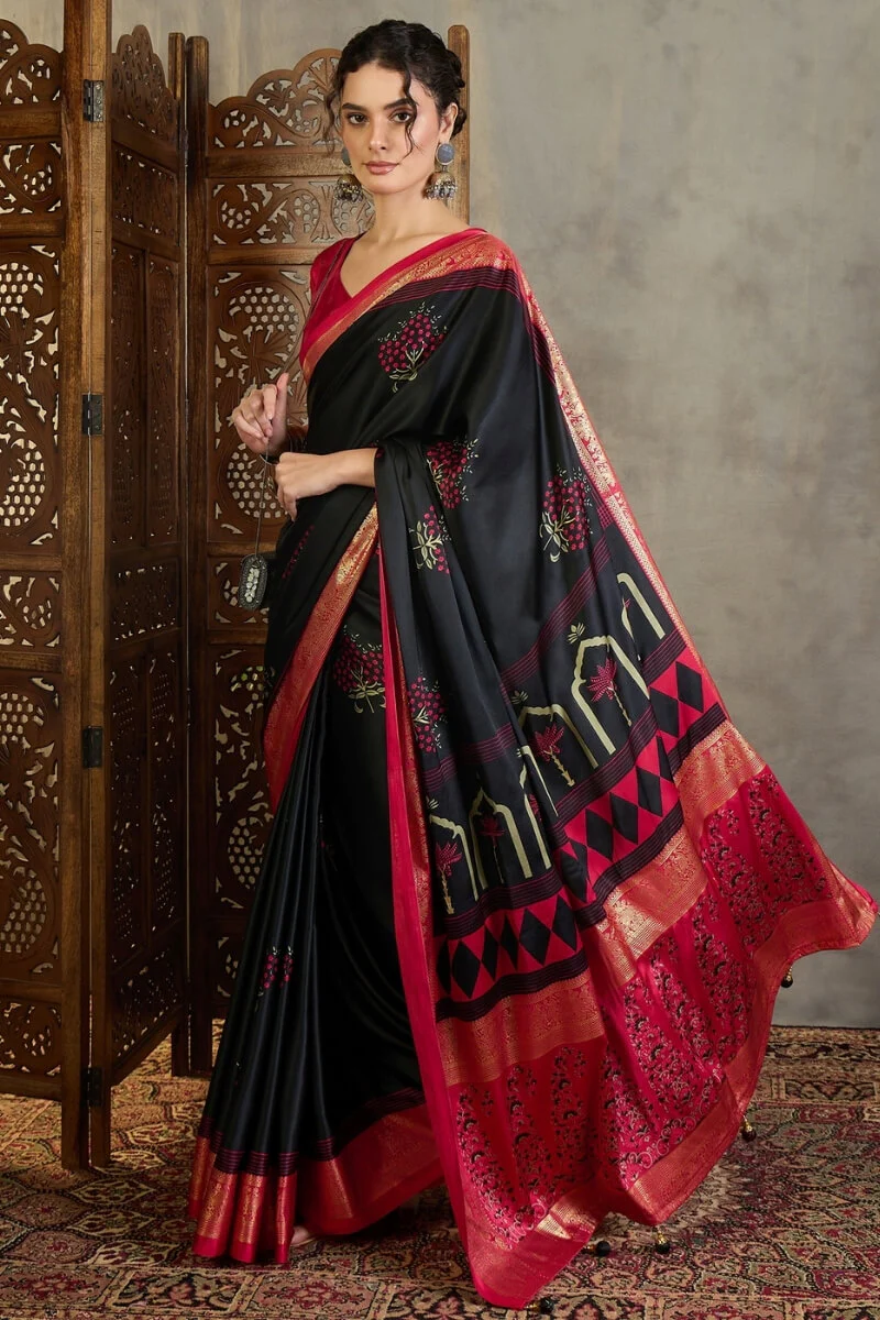 Adoring Black Ajrakh Printed Semi Modal Silk Saree With Nectarous Blouse Piece - Image 3