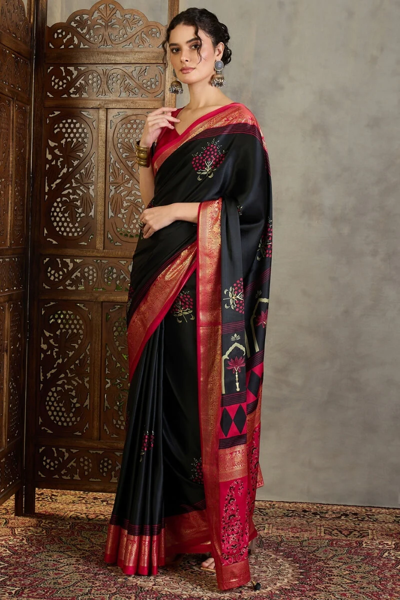 Adoring Black Ajrakh Printed Semi Modal Silk Saree With Nectarous Blouse Piece - Image 5