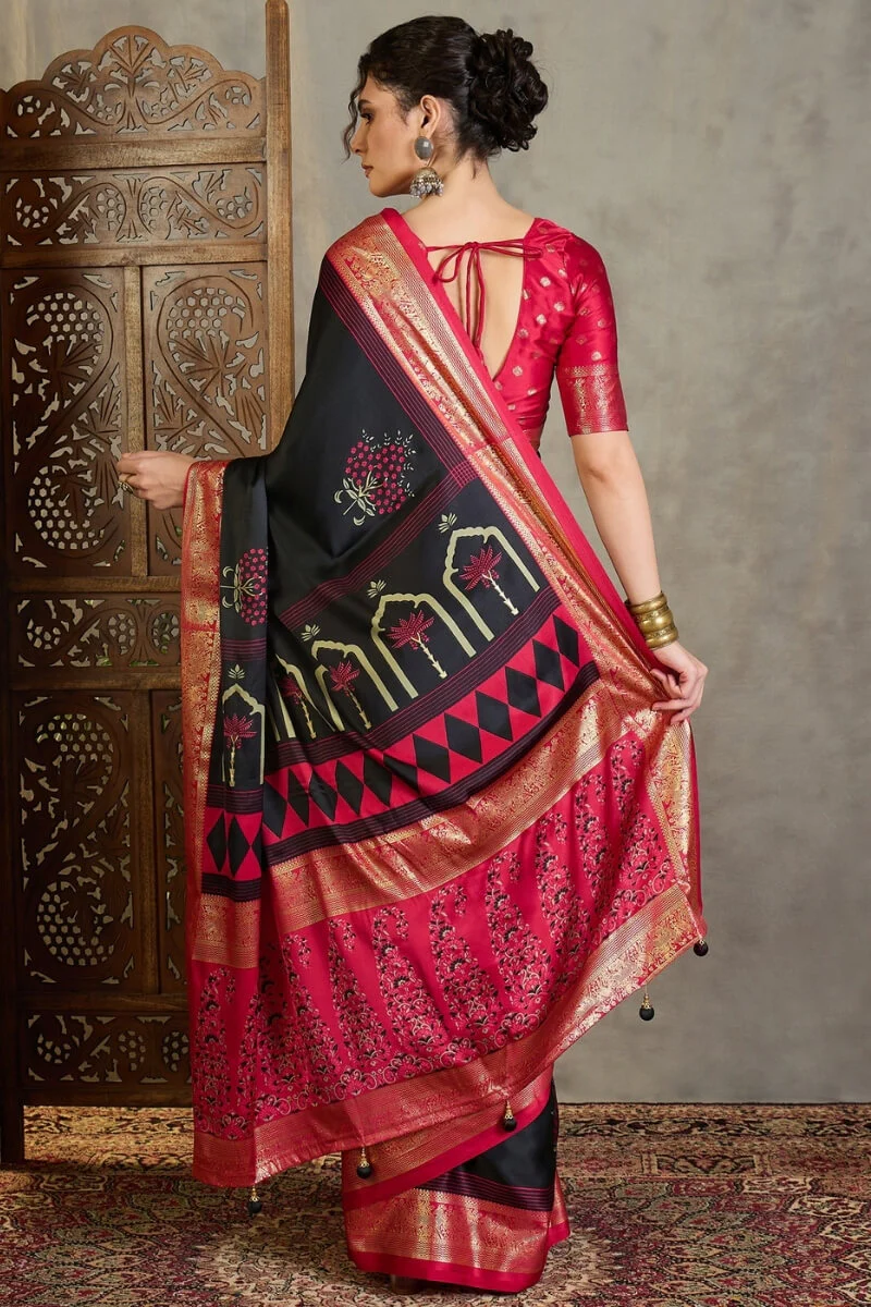 Adoring Black Ajrakh Printed Semi Modal Silk Saree With Nectarous Blouse Piece - Image 6
