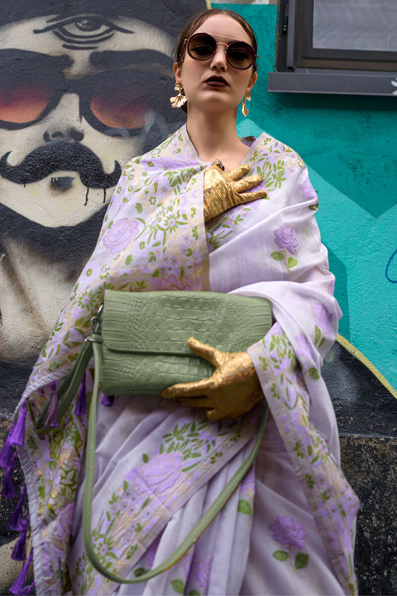 Adoring Lavender Parsi Handloom Woven Banarasi Silk Saree With Blouse Piece - Image 2