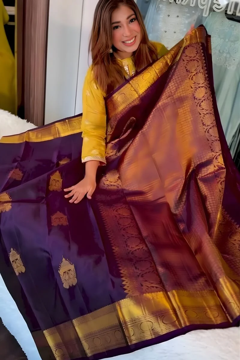 Adoring Purple Pure Zari Weaving Banarasi Silk Saree With Twirling Blouse Piece - Image 3