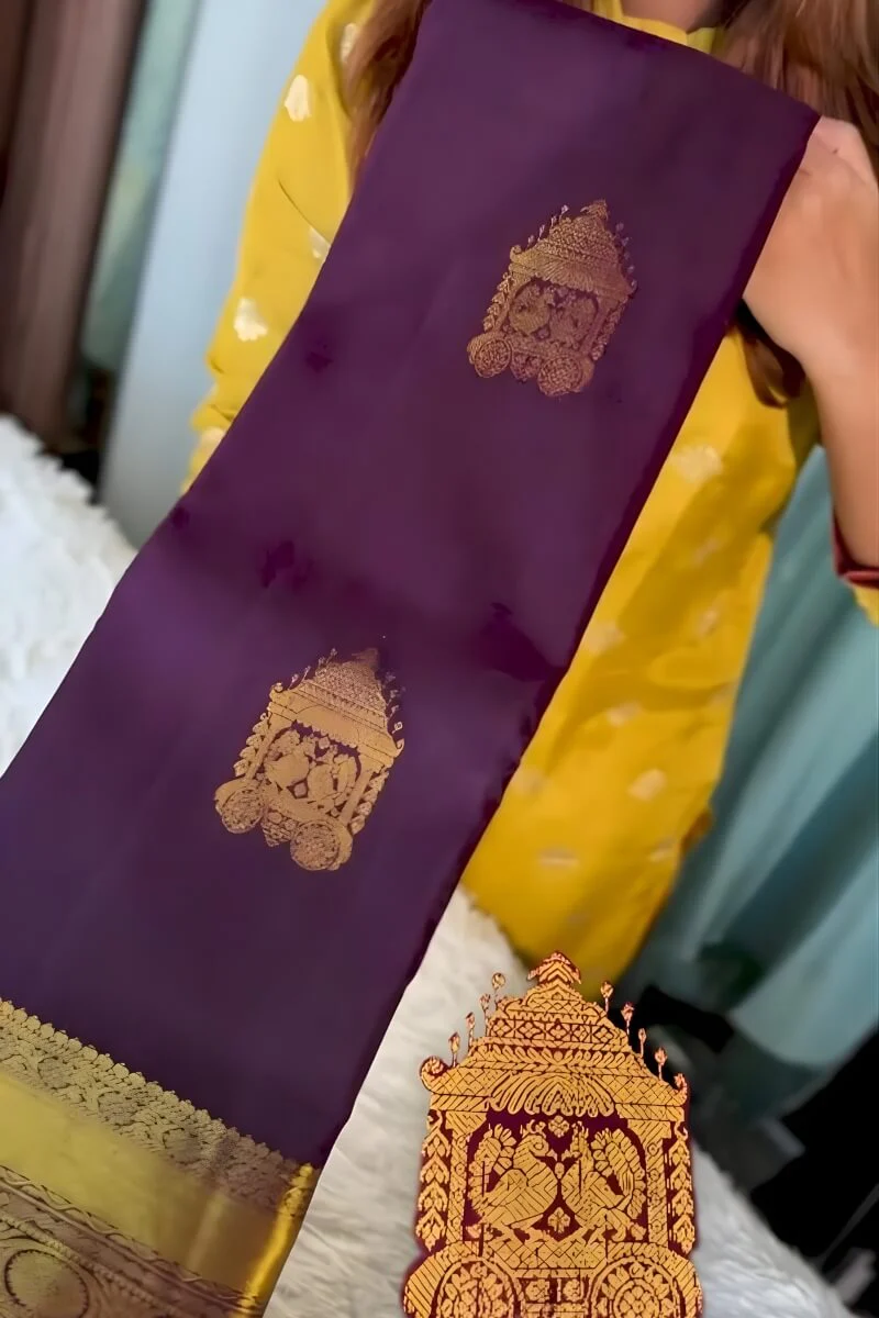 Adoring Purple Pure Zari Weaving Banarasi Silk Saree With Twirling Blouse Piece - Image 6
