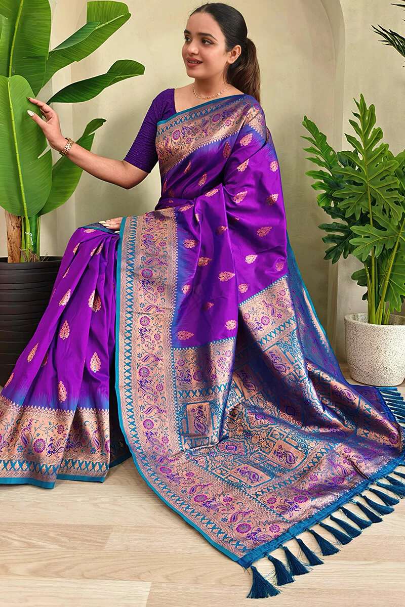 Adoring Purple Soft Banarasi Silk Saree With Posh Blouse Piece - Image 2