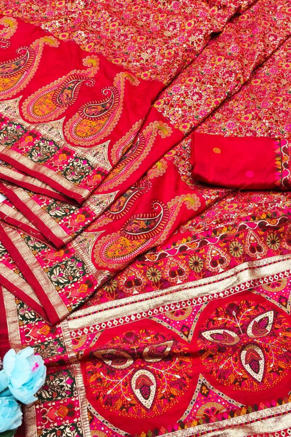 Adoring Red Nylon Dola Pashmina Saree With Designer Blouse Piece - Image 3