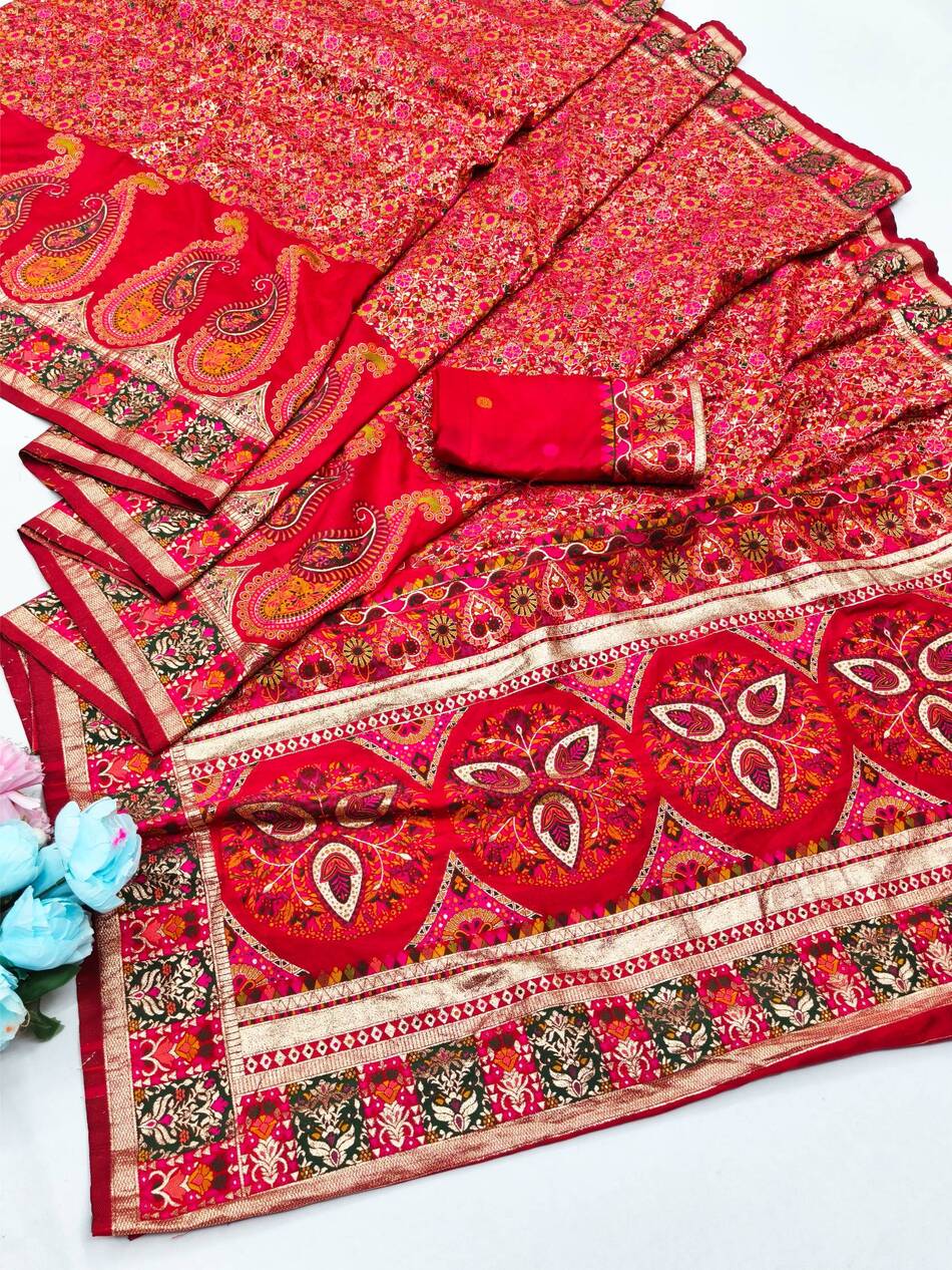 Adoring Red Nylon Dola Pashmina Saree With Designer Blouse Piece - Image 5
