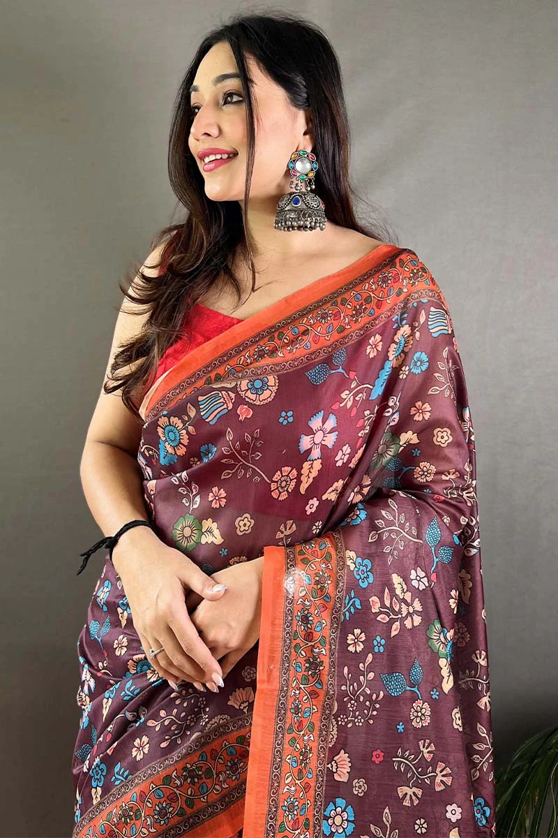 Adoring Wine Kalamkari Printed Saree With Excellent Blouse Piece - Image 2