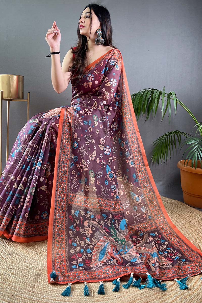 Adoring Wine Kalamkari Printed Saree With Excellent Blouse Piece - Image 4