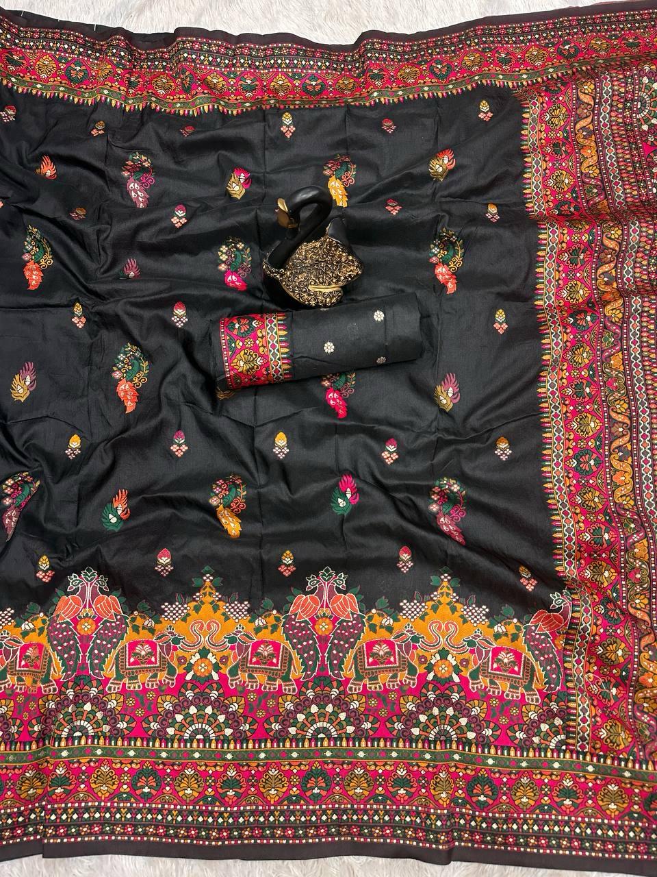 Adorning Black Pashmina Saree With Brood Blouse Piece - Image 3