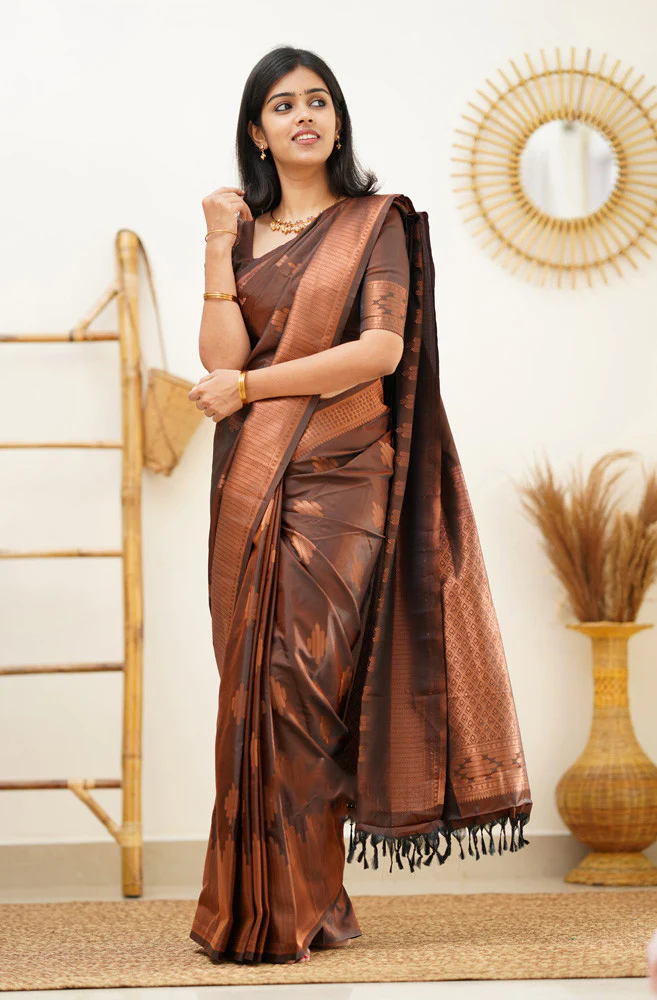 Adorning Brown Soft Silk Saree With Gratifying Blouse Piece - Image 4