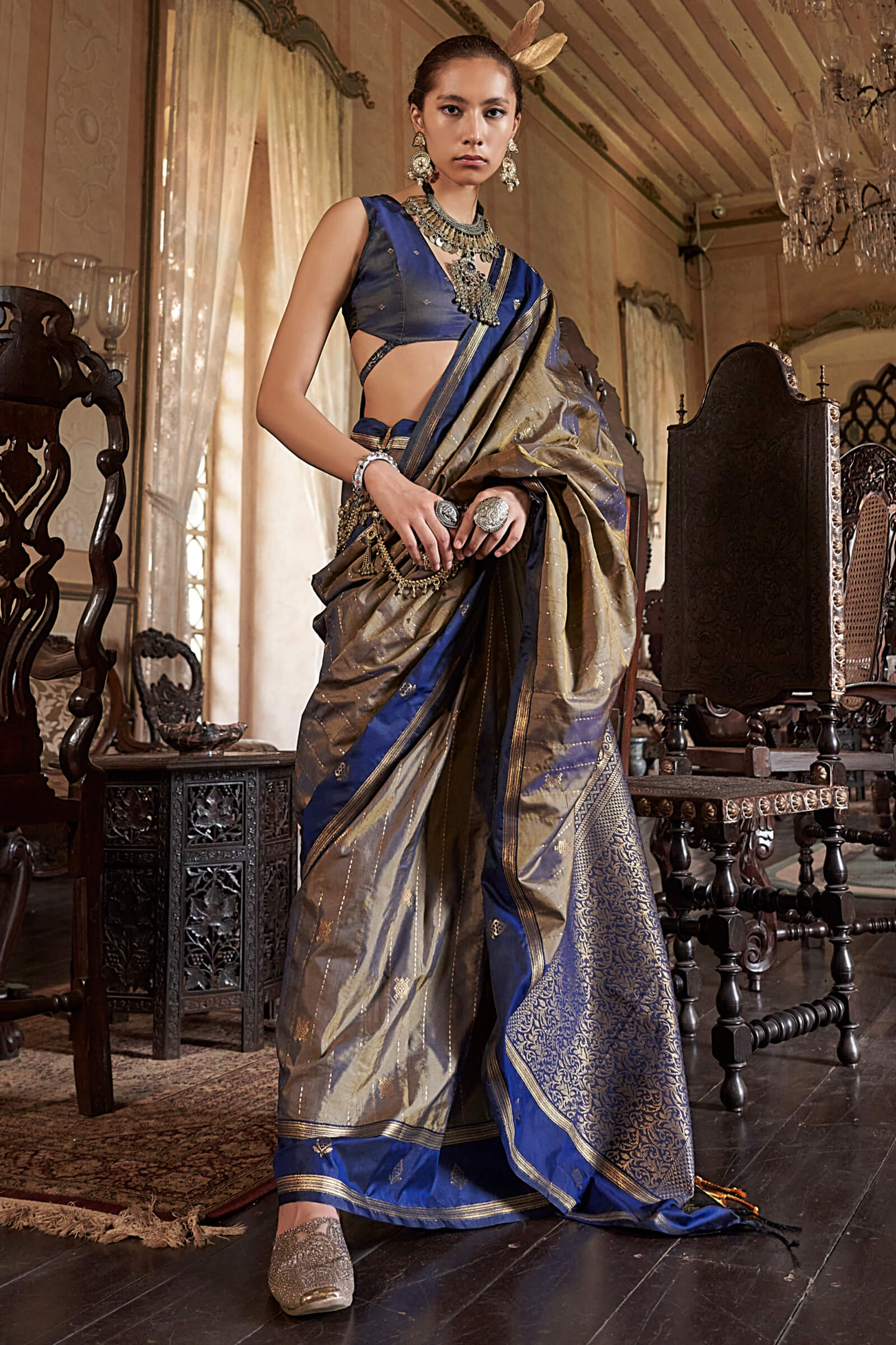 Adorning Golden Banarasi Tussar Silk Saree With Ethereal Blouse Piece - Image 3