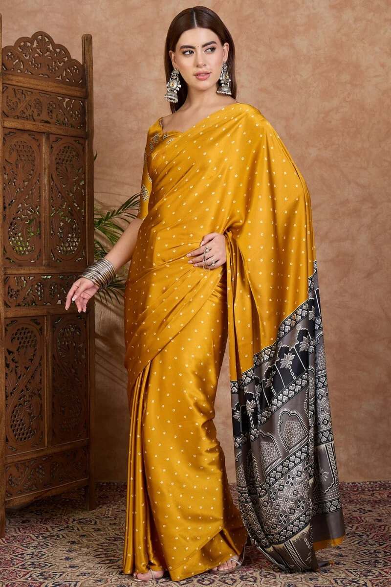 Adorning Mustard Ajrakh Printed Semi Modal Silk Saree With Tantalizing Blouse Piece - Image 3