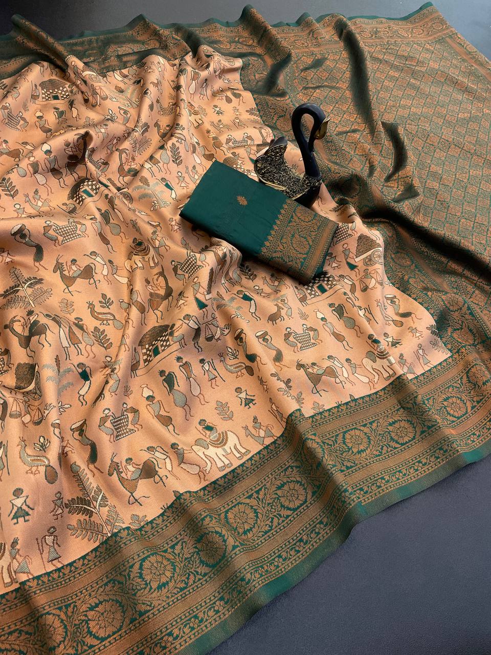 Adorning Peach Soft Banarasi Tissue Silk Saree With Rhapsody Blouse Piece - Image 2