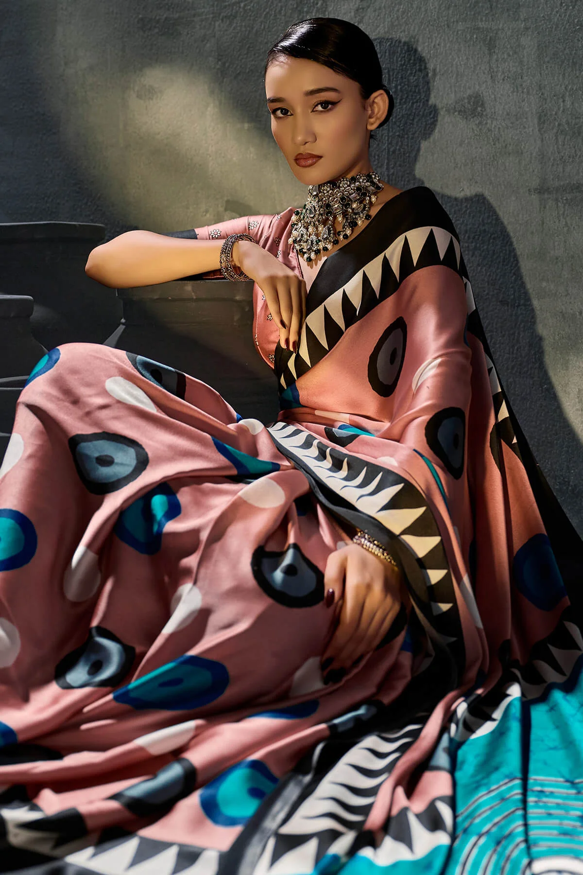 Adorning Pink Ajrakh Printed Satin Silk Saree With Chatoyant Blouse Piece - Image 2