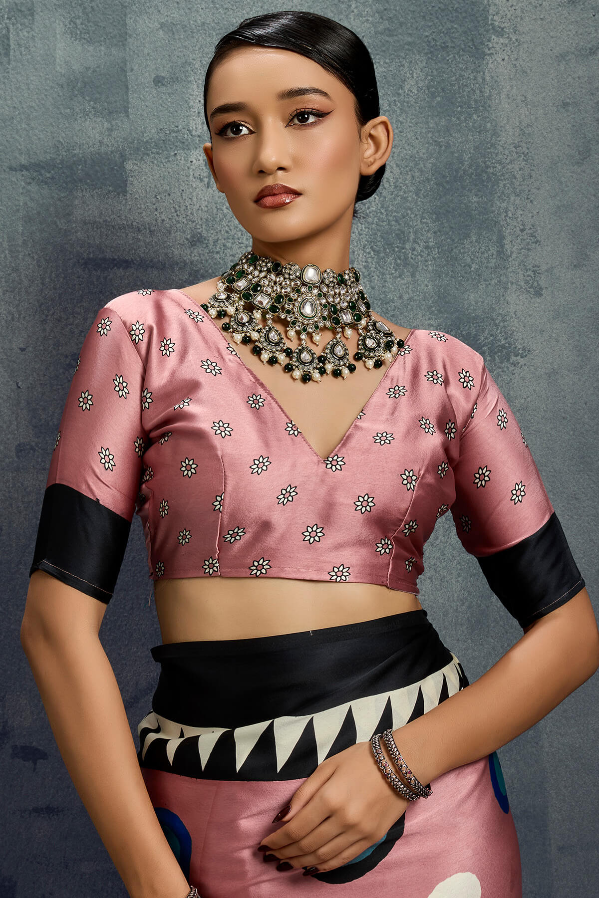 Adorning Pink Ajrakh Printed Satin Silk Saree With Chatoyant Blouse Piece - Image 4